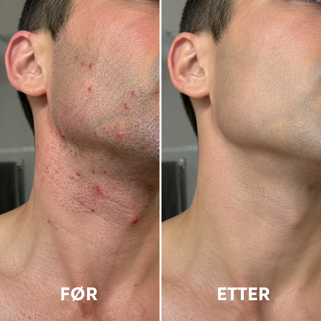 Før og etter barbering med FOYL ONE: rød og irritert hals med inngrodde hårstrå før – jevn og rolig hud etter
